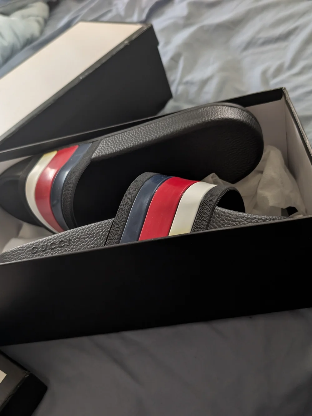 Gucci Men’s Black Slide Sandals with Red White And Blue Stripe